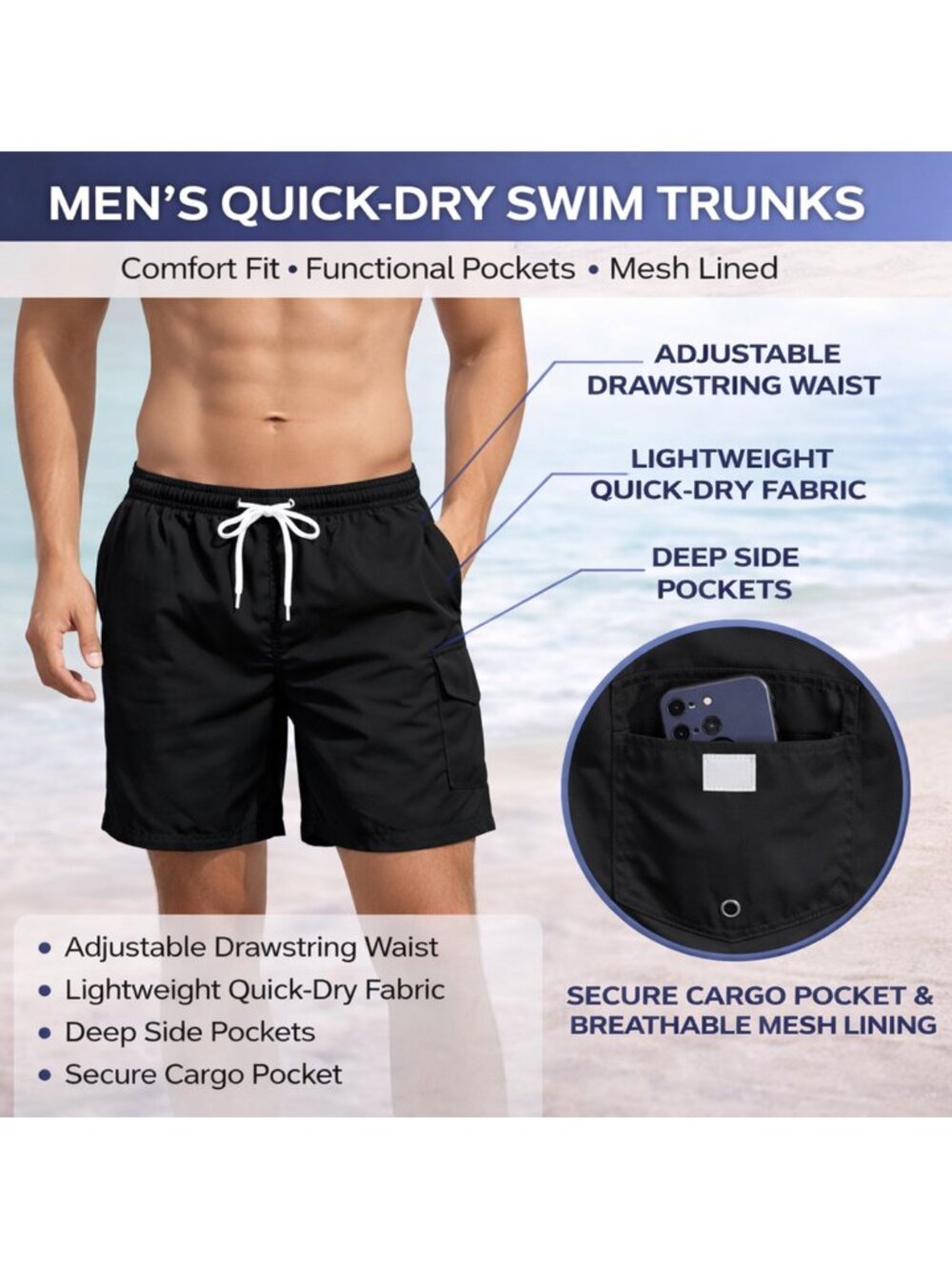 Mens Swim Trunks, Cargo Swimming Shorts 2 Pairs Blue/Black, Medium Large X-Large - Picture 8 of 9